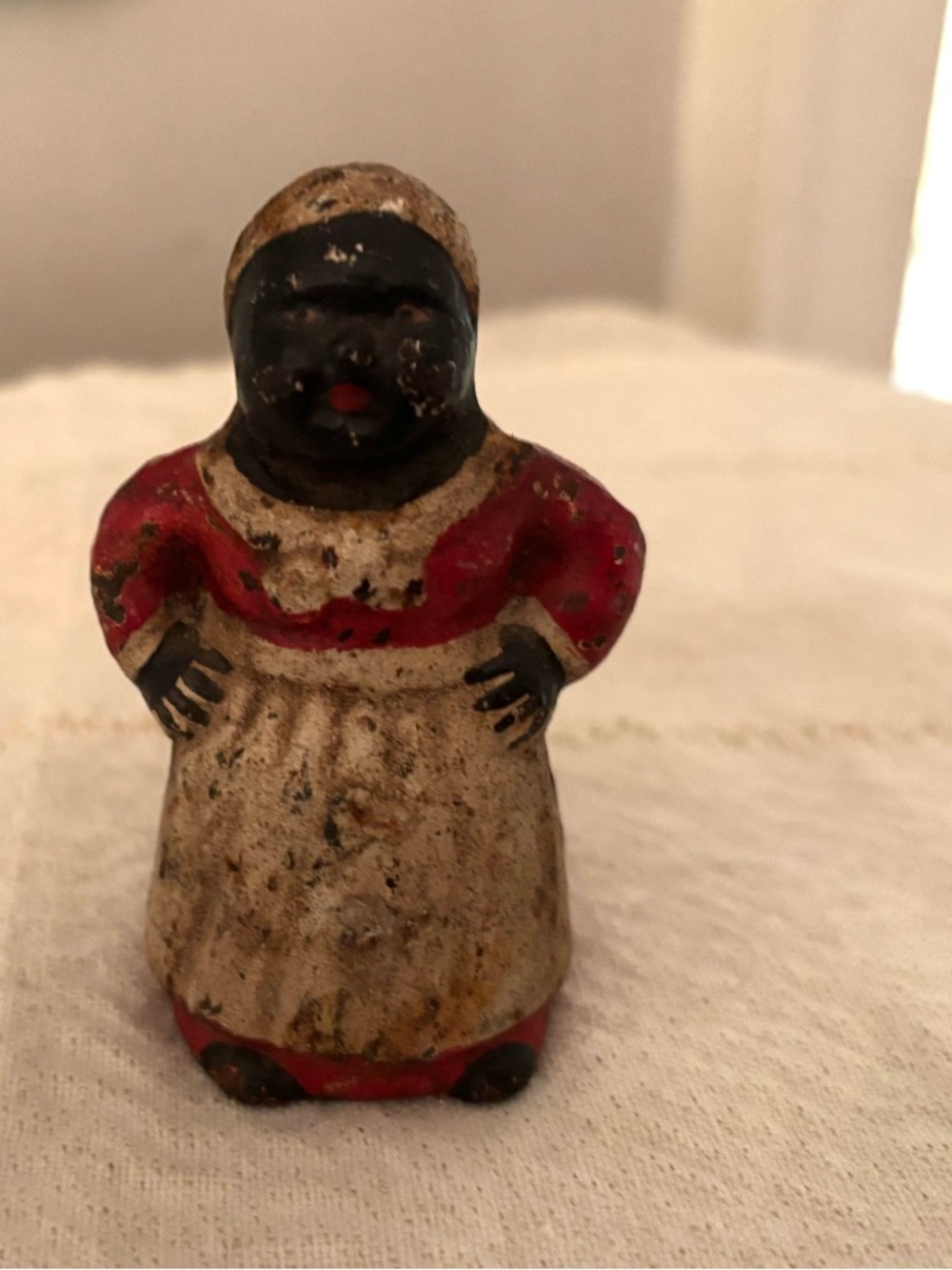 Vintage Cast Iron Black Woman Bank in Black, Red, and Cream- Collectible